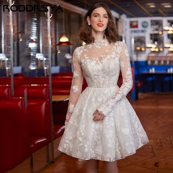 RODDRSYA-Robe de Mariée Trapèze 2 en 1, Col Haut, Manches sulf, Dentelle Courte, Tulle Élégant, Sur Mesure, ixdes Patients Robe de Mariée Trapèze 2 en 1, Col Haut, Manches sulf, Dentelle Courte, Tulle Élégant, Sur Mesu