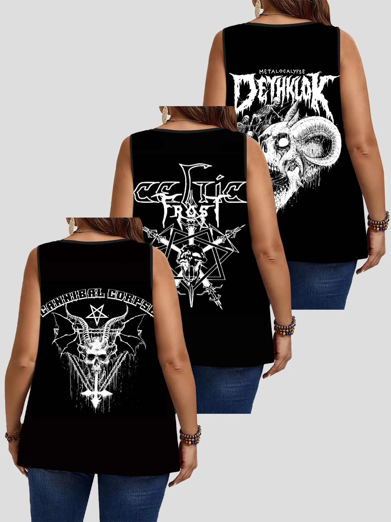 3-Piece Set of Plus-Size Women's Black Metal Art Print Tank Tops with Ram's Horn Pentagram and Demon Skull Design, Round Neck, Loose Fit, Sleeveless Tops