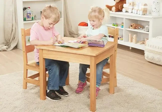 Solid Wood Table and 2 Chairs Set - Light Finish Furniture for Playroom