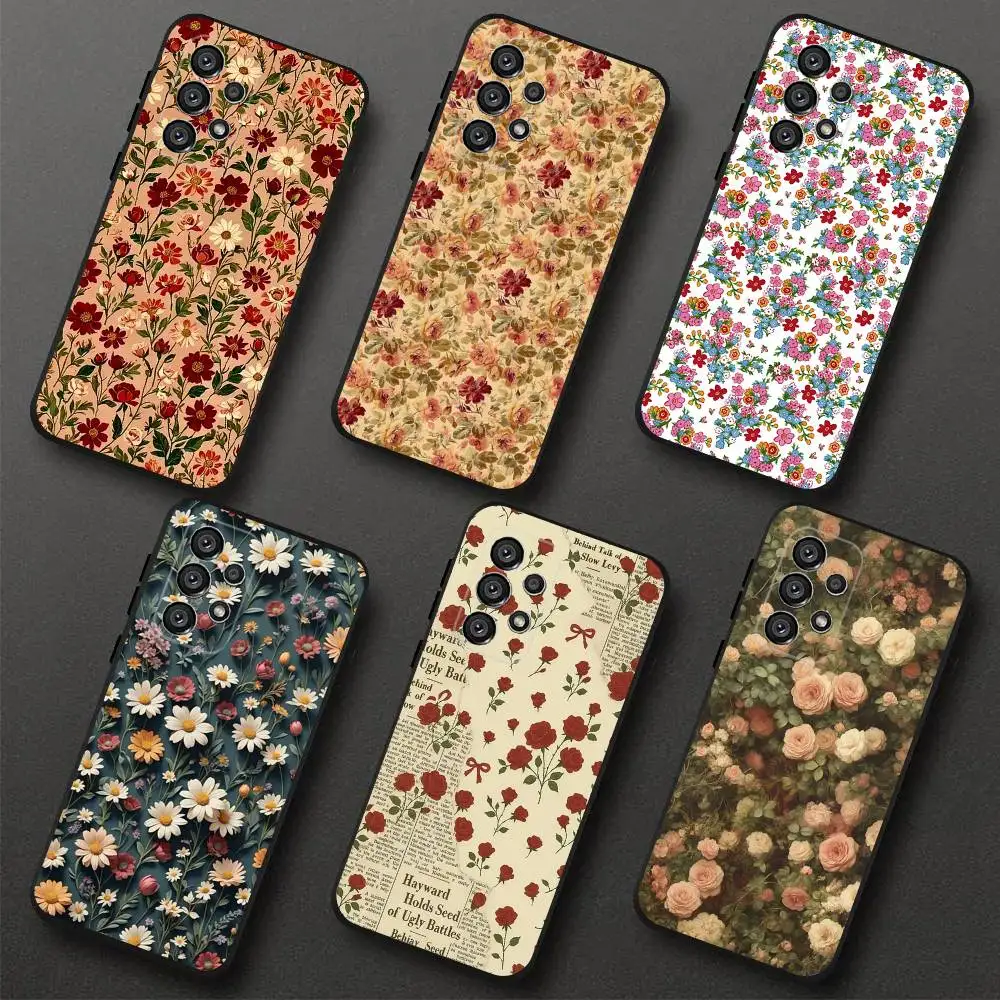 

Cute Flower Pattern Phone Case For Samsung S 25,24,23,22,30,21,10,9,Ultra,Plus,Lite,FE,4,5G Black Soft Case