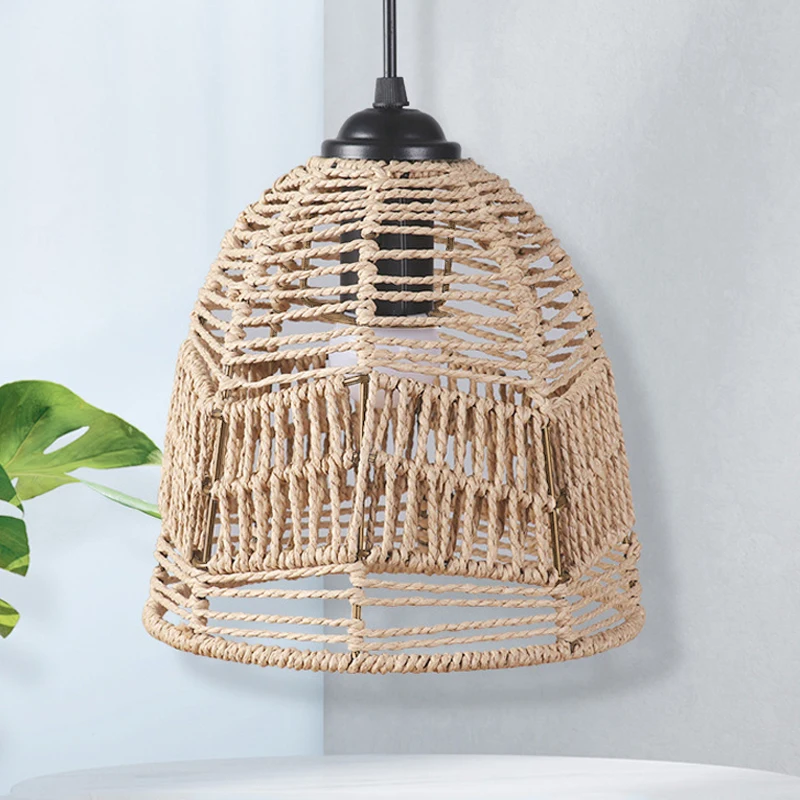 Boho Paper Rope Handwoven Wicker Lampshade Chandelier Cover for Restaurant Pendant Lamp Shade Rattan Light Fixture