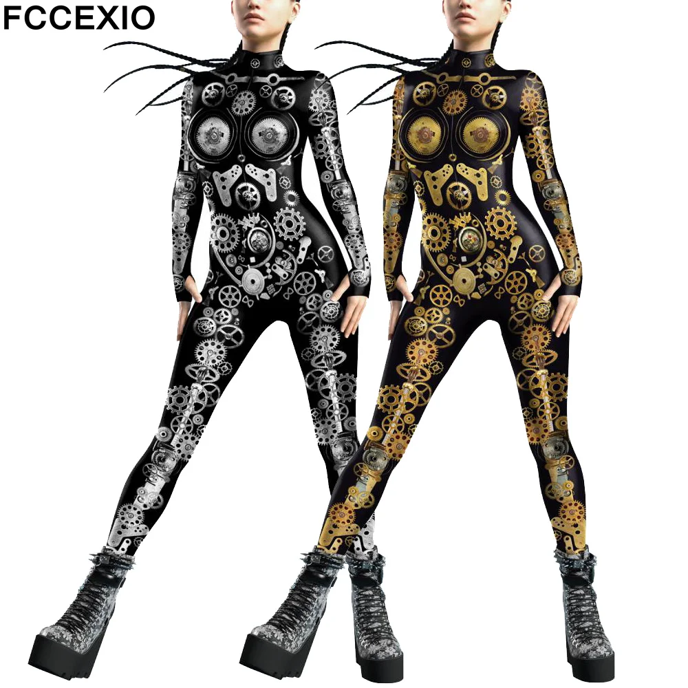 

FCCEXIO Punk Machine Steam Print Zentai Jumpsuit Carnival Halloween Party Woman Sexy Bodysuit Outfit Mujer Costume