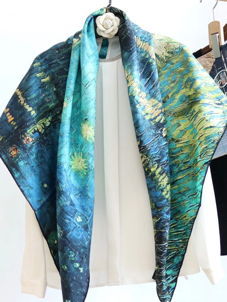 Birdtree 100%Real Silk Jacquard Square Scarf Starry Sky Oil Painting Elegant Literary Retro Shawl Scarf 2024 Spring A3D906QD