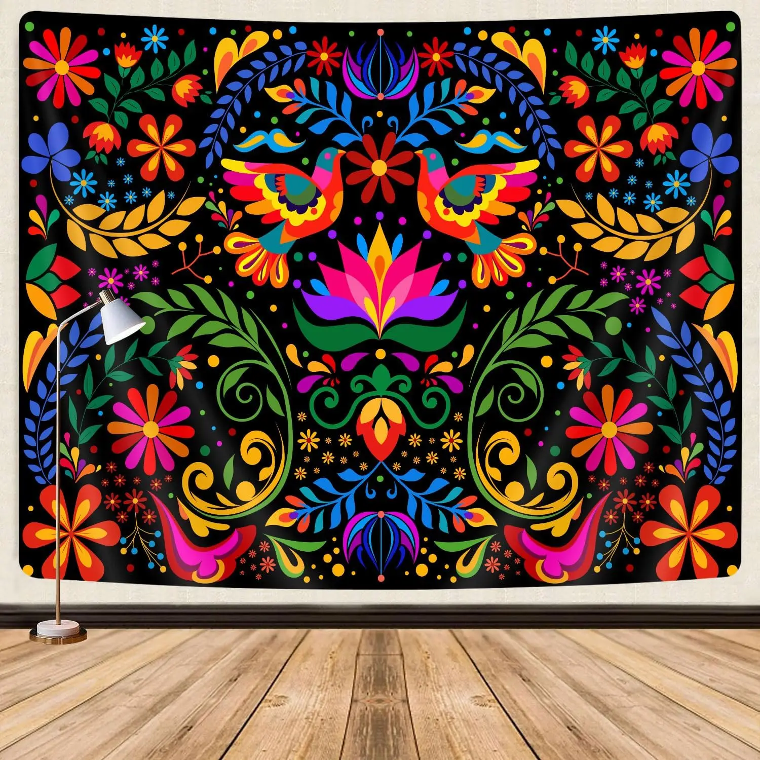 Mexico Floral Tapestry, Colorful Mexico Flowers Bird Traditional Aesthetic Hippie Tapestries, Mexican Ornate Ethnic Pastel Plant