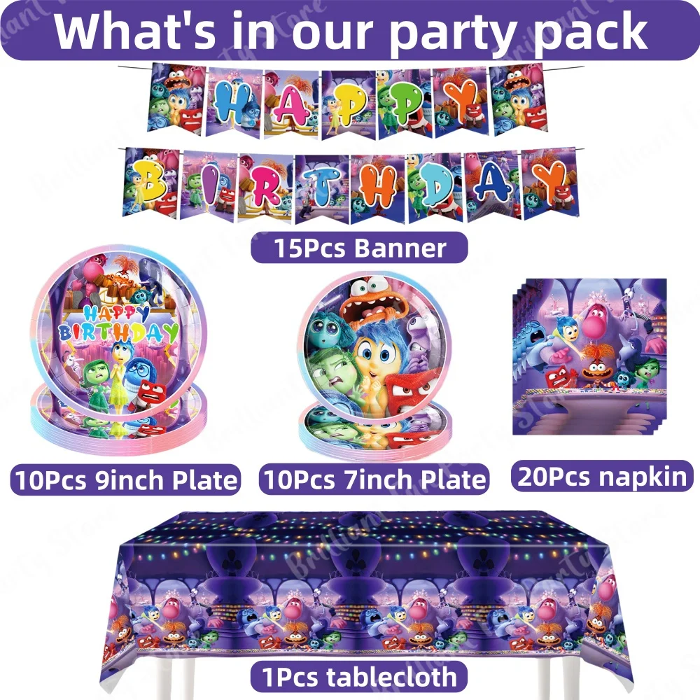 Disney Inside Out 2 Party Supplies Paper Tableware Tablecloth Plate Napkins Banner For Kids Baby Shower Birthday Decorations Set