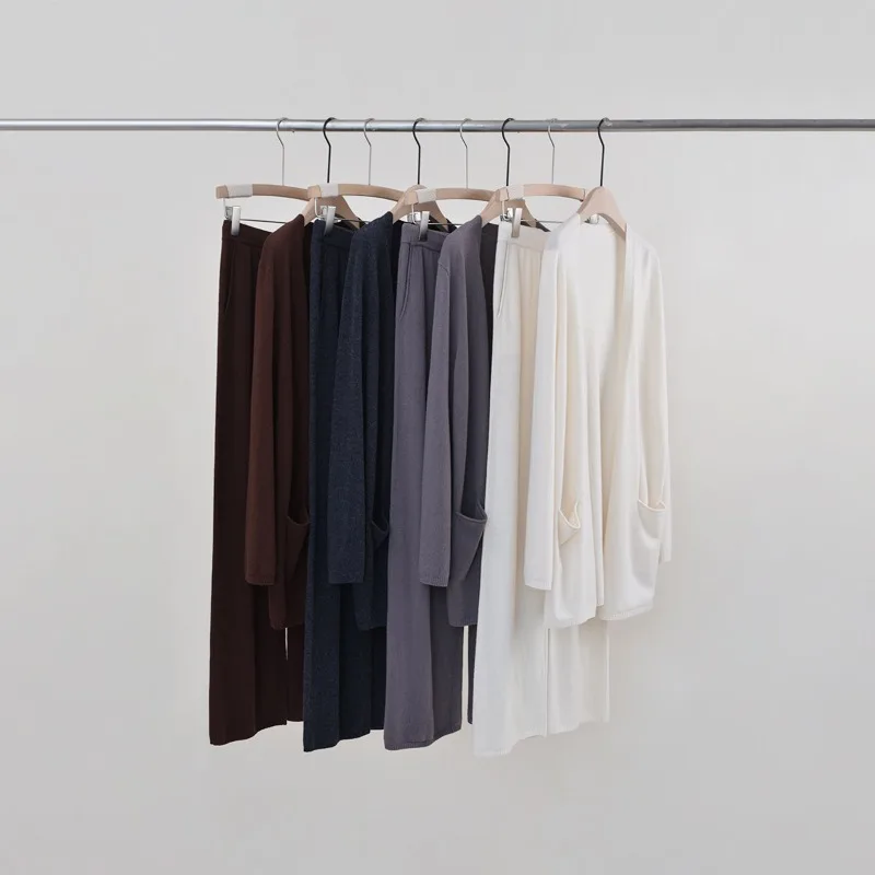 

Spring 100% Wool Knitted Long Cardigan Elastic Wide-leg Straight Pants Set