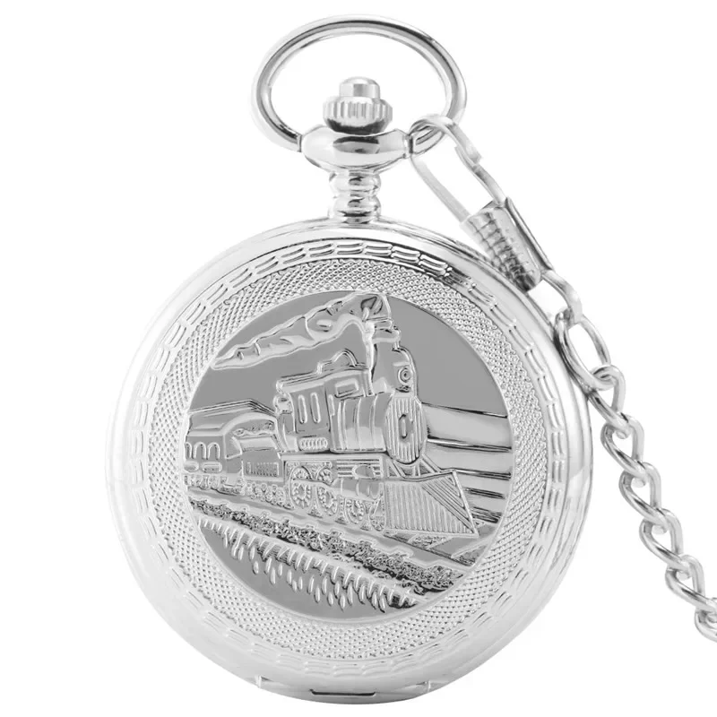 Steampunk Silver Locomotive Steam Train Clock Unisex Hand Winding Mechanical Pocket Watch Roman Number Pendant Chain reloj