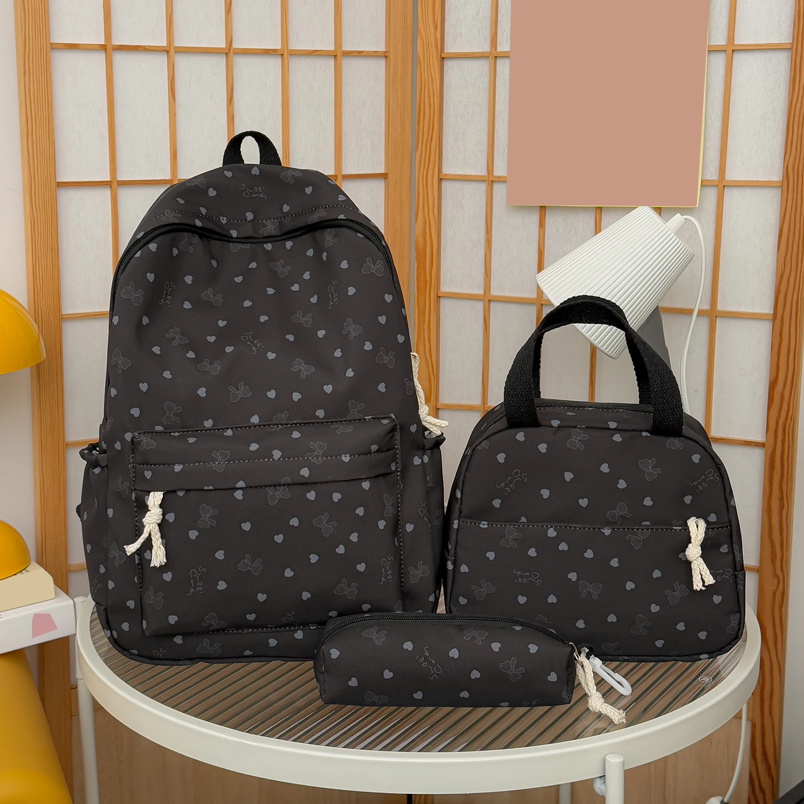 Coquette Bow Love Print Aesthetic Preppy Backpack with Lunch Box and Pencil Pouch Travel Rucksack Bag 3Pcs Set for Women