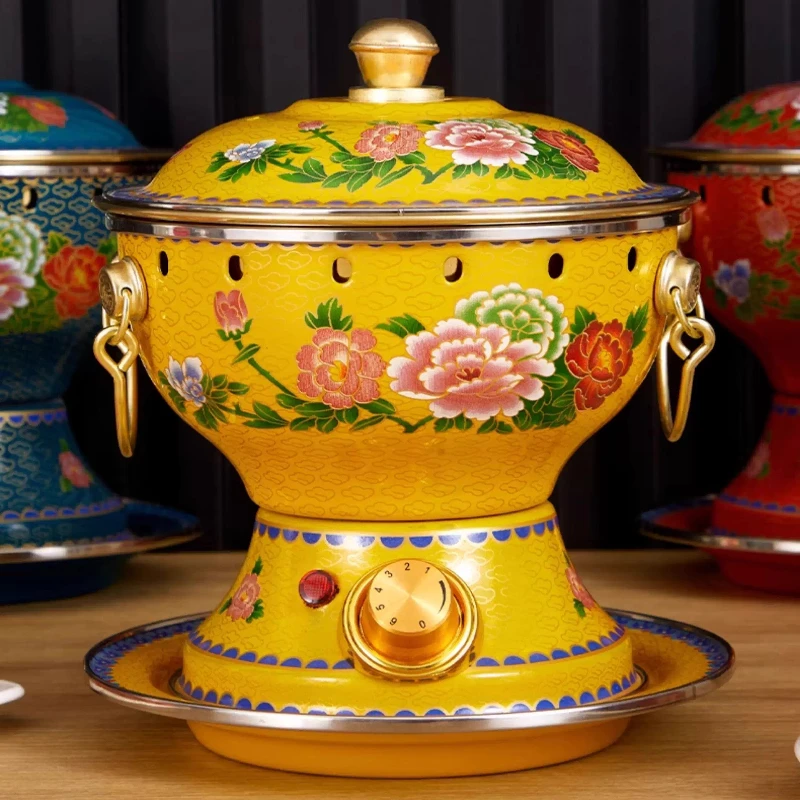 Cloisonne Copper Hot Pot Buffet,Pure Copper Electric Copper Pot, Single-person Plug in Electric Hot Pot,One-person Small Hotpot