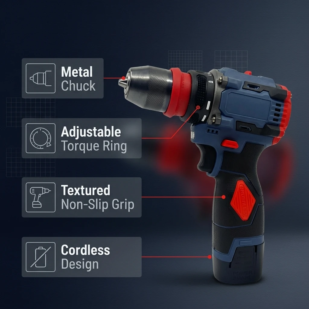 16.8V Cordless Drill Electric Screwdriver Lithium Battery Power Tools 2 Speed Adjustable Torque Driver for Home DIY Repair