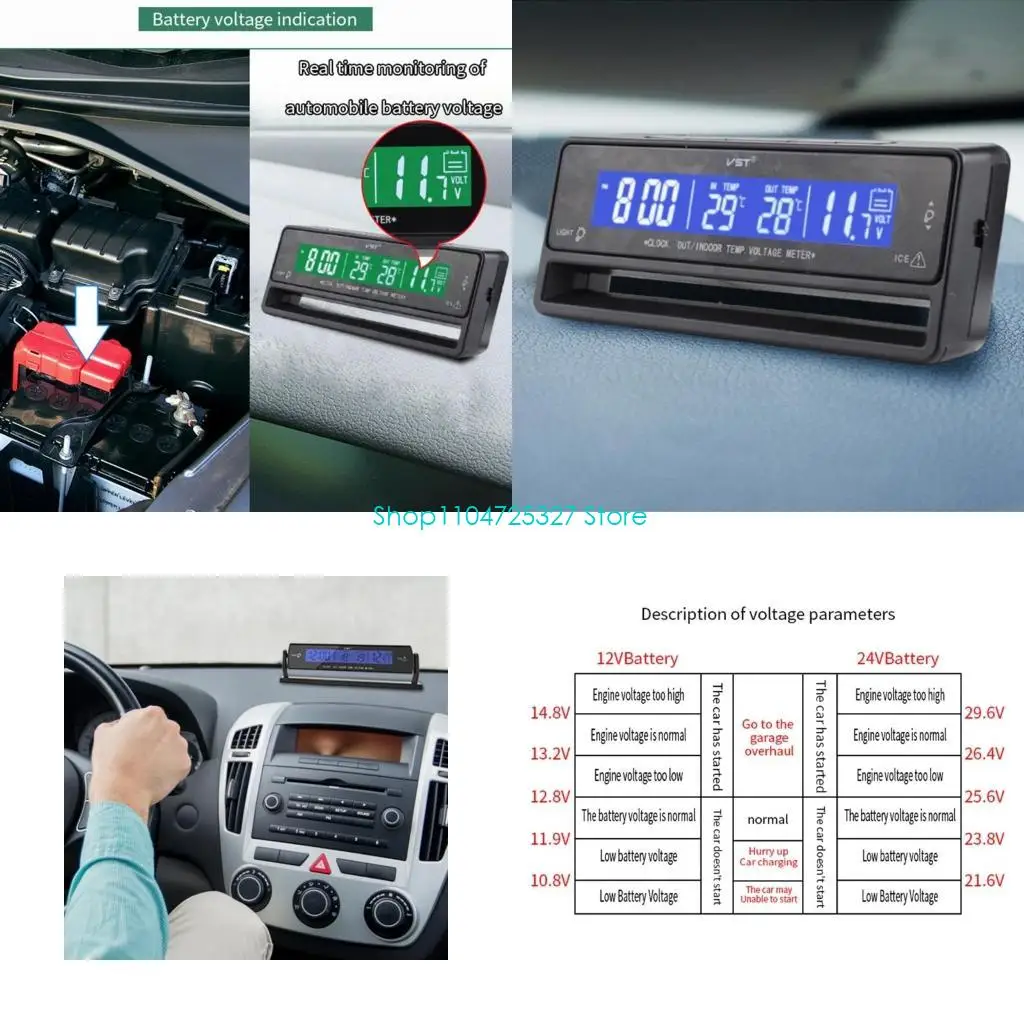 D8KF Indoor Outdoor Car Voltmeter Thermometer Portable Tool Accessory Household for Adult Male Female Outdoor Traveling