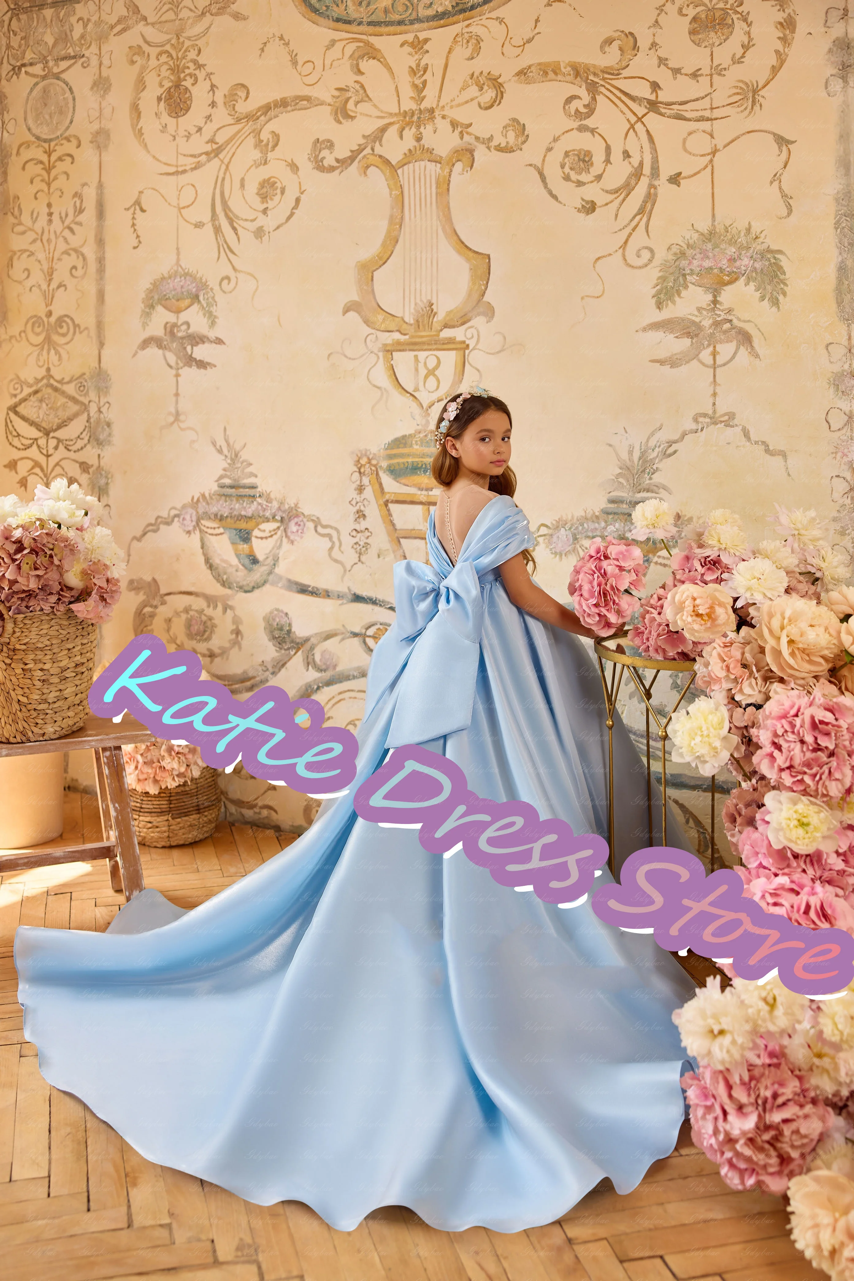 

Princess Sky Blue Flower Girl Dress For Wedding Satin Off Shoulder Kids Birthday Party First Communion Ball Gowns Customized