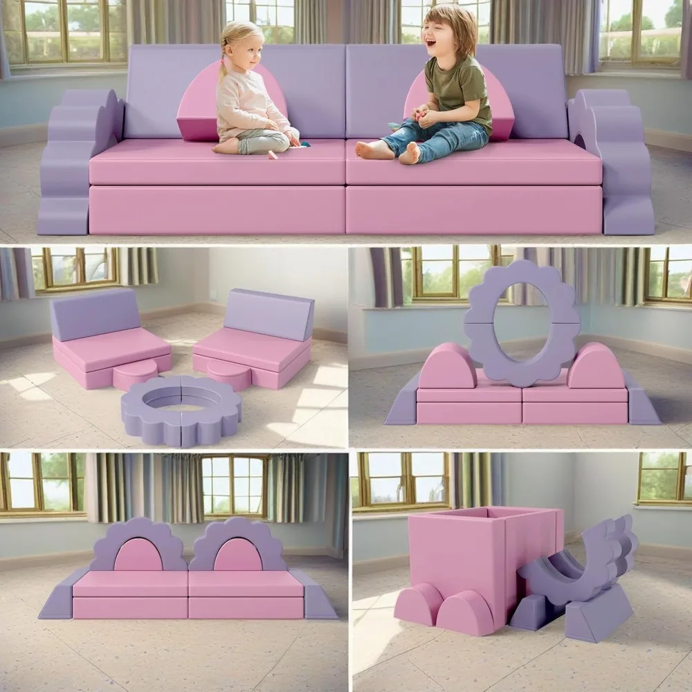 10PCS Modular Kids Play Couch, Baby Climbing and Crawl Foam Play Set, Foam Climbing Blocks Convertible Sofa (Pink)