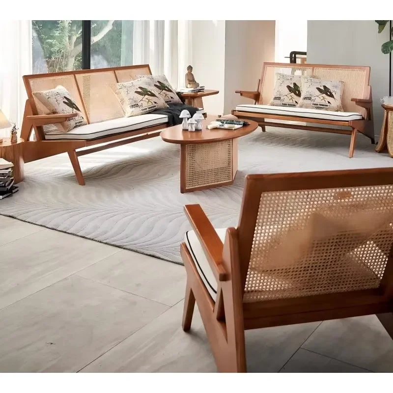 Handwoven Rattan Coffee Table With Solid Teak Wood Boho Coastal Or Mid-Century Modern Style Center Table For Hotel