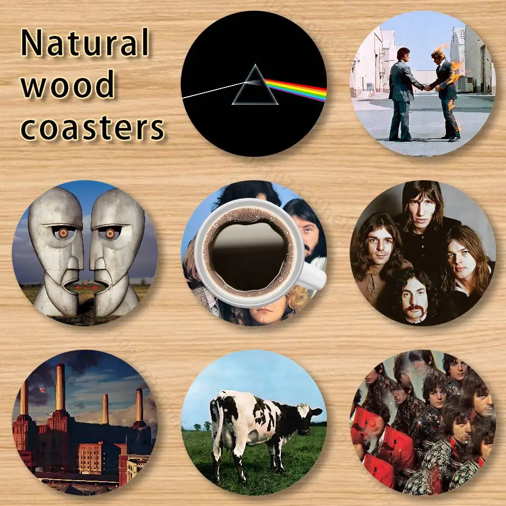 

P-Pink F-Floyd Album Covers Round Wooden Coaster 4 Inch Heat-Resistant Anti-skidding Home Party Theme Decor Photo Props Gifts