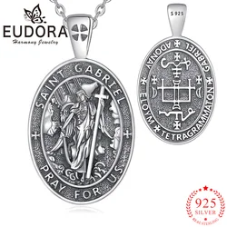 Eudora 925 Sterling Silver St. Gabriel Archangel Necklace Vintage Embossed Cross Patron Saint Pendant for Men Religious Jewelry
