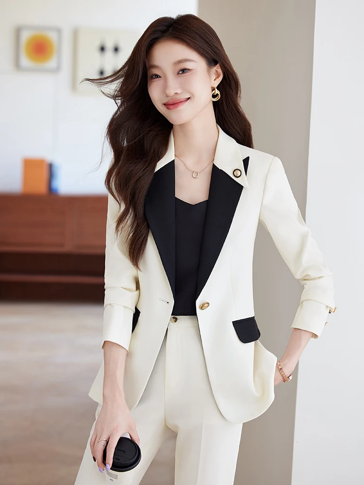 White Suit Jacket Women's Professional Host Style Spring Autumn New Arrival High Fashion Color Block Elegant Lady Suit Set