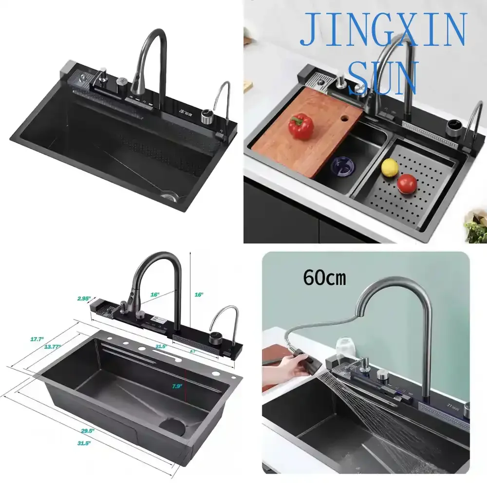 Multifunctional Rainfall Faucet for Single Bowl Kitchen Sink Waterfall 304 Stainless Steel Handmade Kitchen Sink for Modern