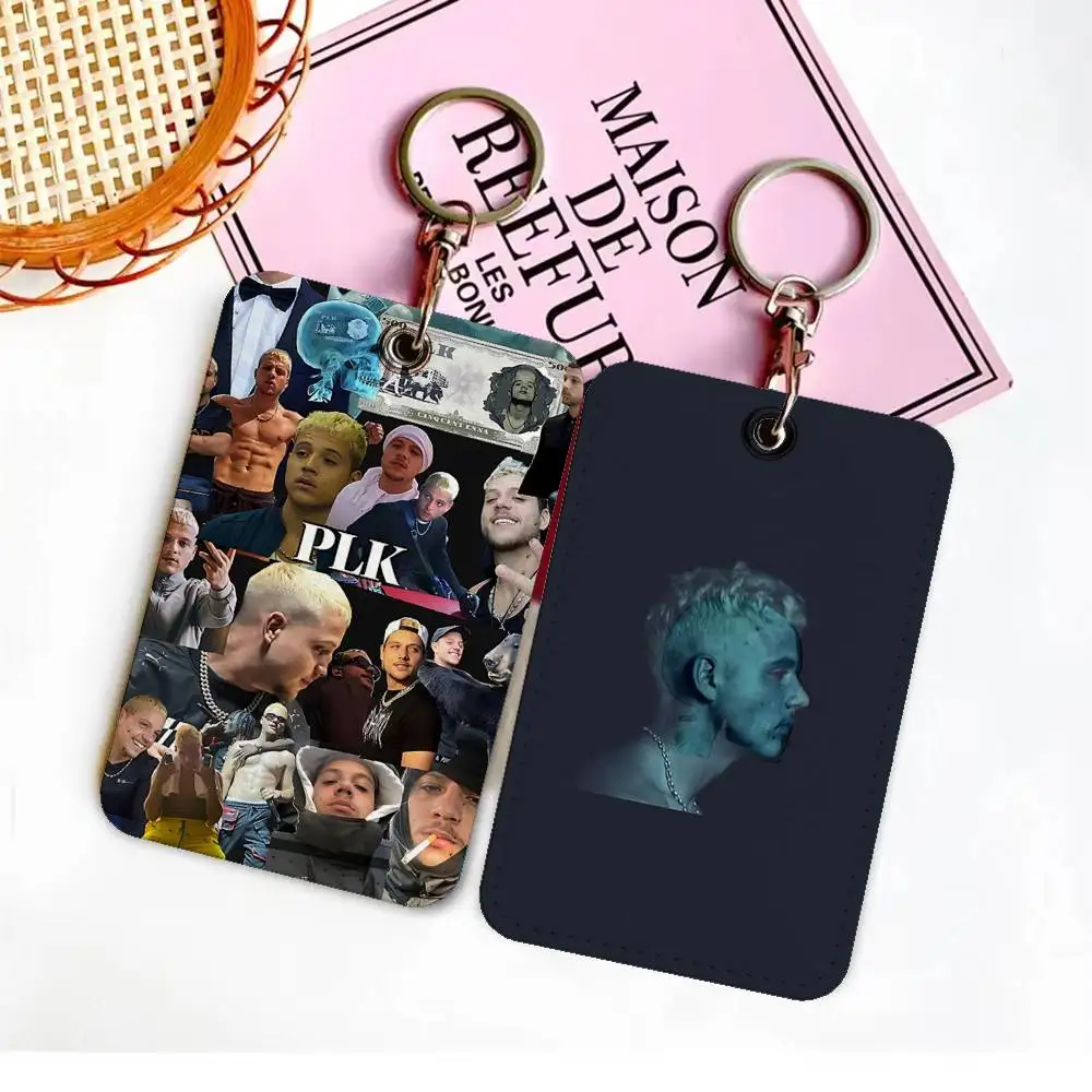 P-PLK French Rapper Mathieu Rectangle ID Card Case Keychain Access Card Bag Key Tag Ring Leather Card Holder Key Ring Access