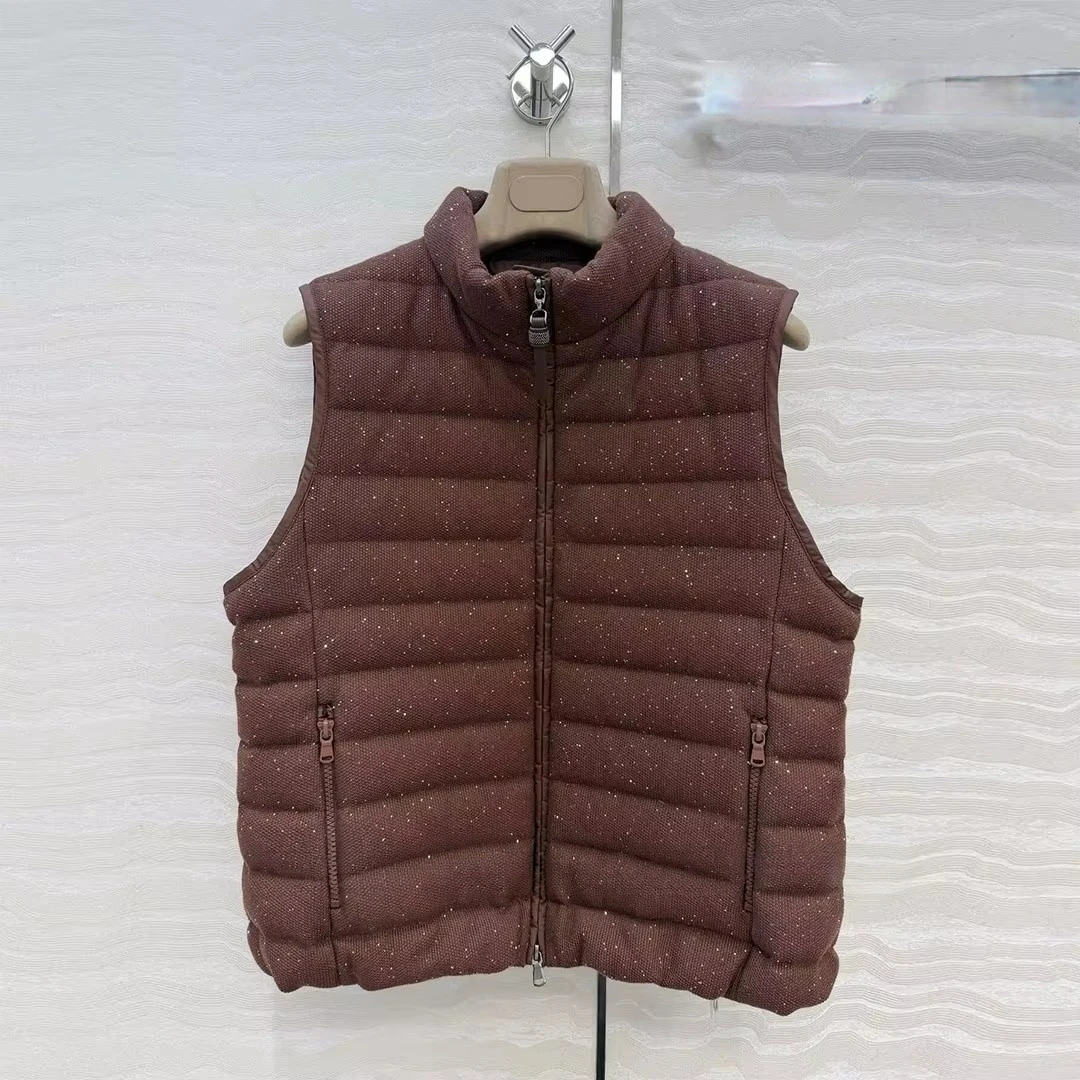 2026 New Winter Solid Embroidery Sequins Chic White Duck Down Warm Vest Coat Women Stand Collar Zipper Sleeveless Casual Jacket