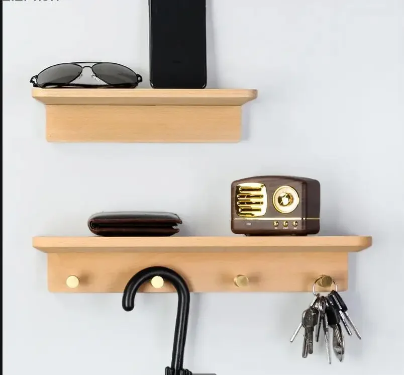 

Solid Wood Hook Wall Hanging Shelf Clothes and Hats Hooks Key Hanger Decorative Hook UpWall-mounted Storage Rack Organizer