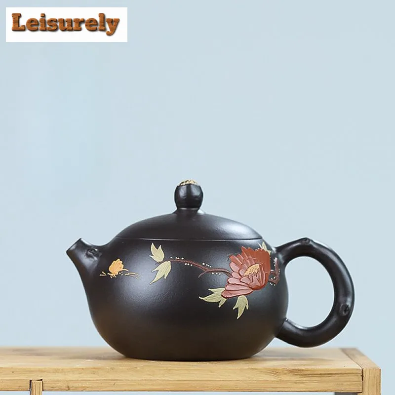 200ml Retro Yixing Purple Clay Teapots Handmade Clay Painting Xishi Pot Raw Ore Black Mud Kettle Chinese Zisha Teaset Craft Gift