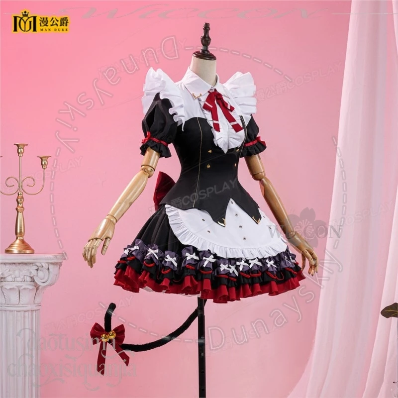 Chisa Cat Tail Sweet Gothic Black White Red Ruffle Maid Mini Dress Bow Long Wig Halloween Party Cosplay Wuthering Waves Badge - view 4