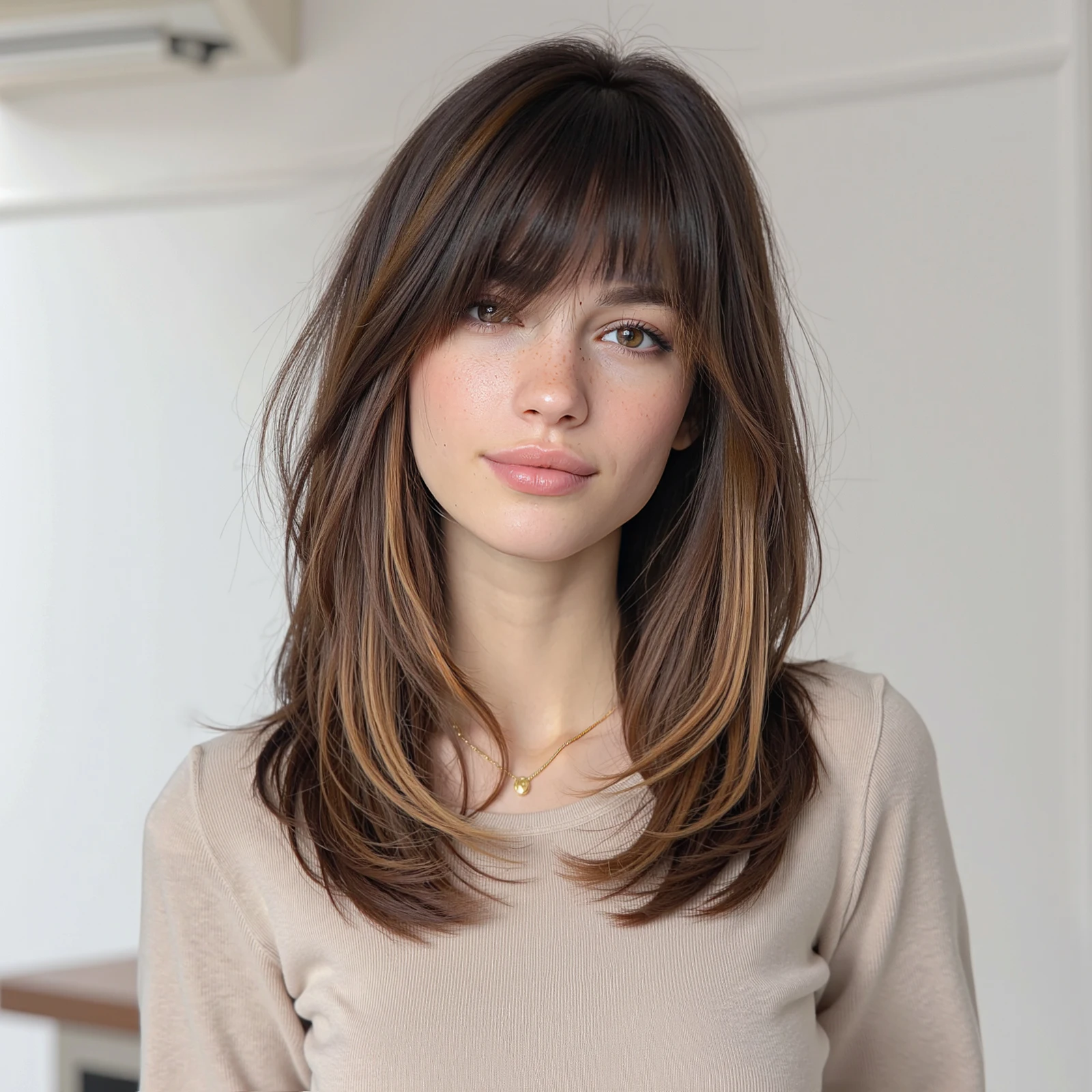 Medium Length Layered Wig with Bangs Ombre Brown Blonde HIghlight Synthetic Hair Heat Resistant Natural Look for Women Daily