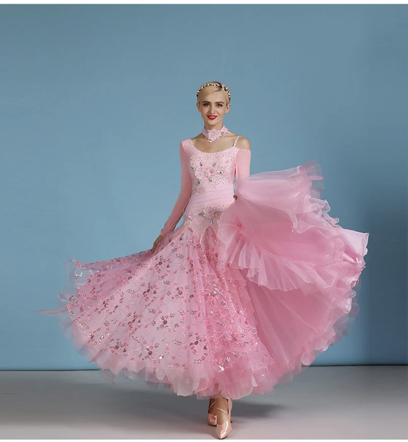 Lady's High Quality Standard Ballroom Dance Dresses Pink Elegant Ballroom Competition Dance Dress Women Waltz Dancing Skirt