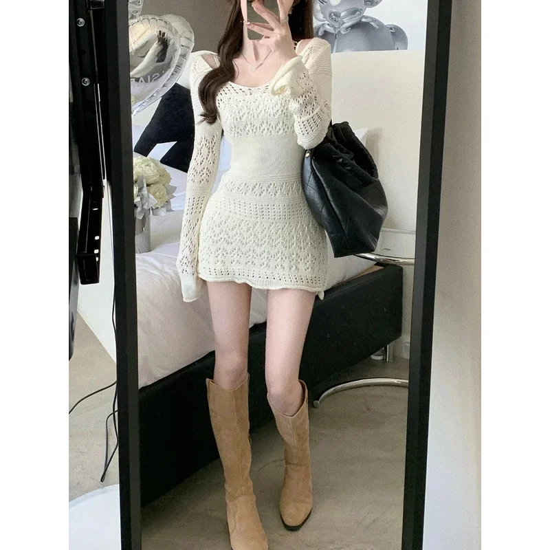 2024 autumn elegant knitwear women long sleeve lace short party dress Korean fashion slim sexy Y2K mini dress female vintage dre