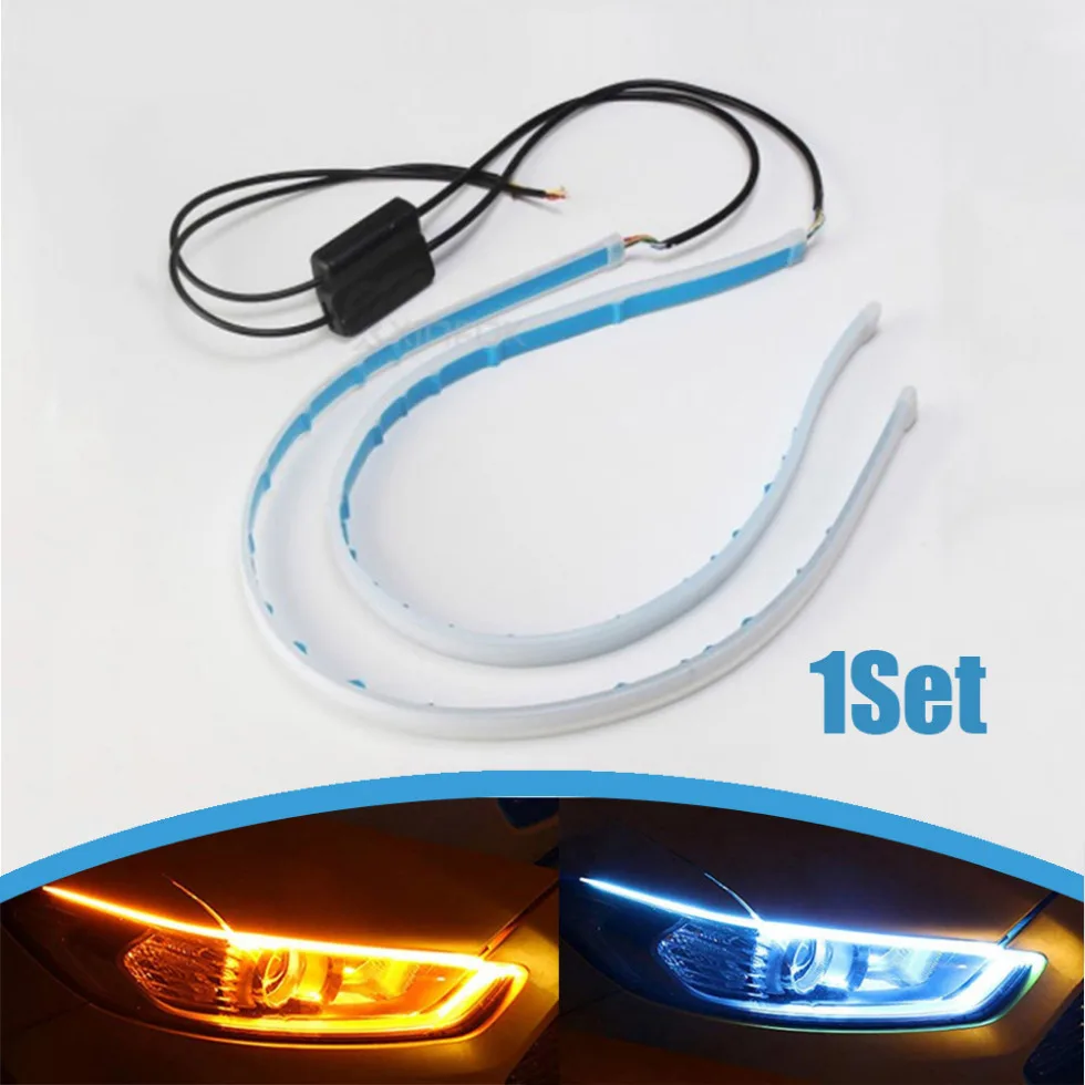 

2pcs Car Tube Flexible Soft LED Strip White 45cm Car Daytime Running Light Yellow Turn Signal Lamps 12V DC 20W Auto Accessories