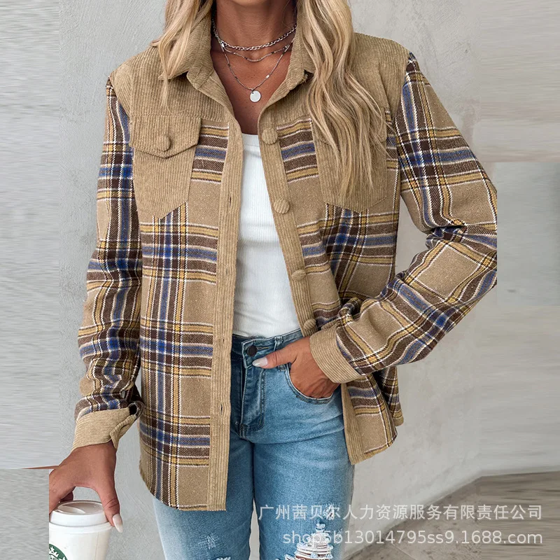 Trend Long Sleeve Shirt Jackets Women Casual Pockets Plaid Contrast Color Coats Outwear Single Breasted Fashion Shirts Jacket