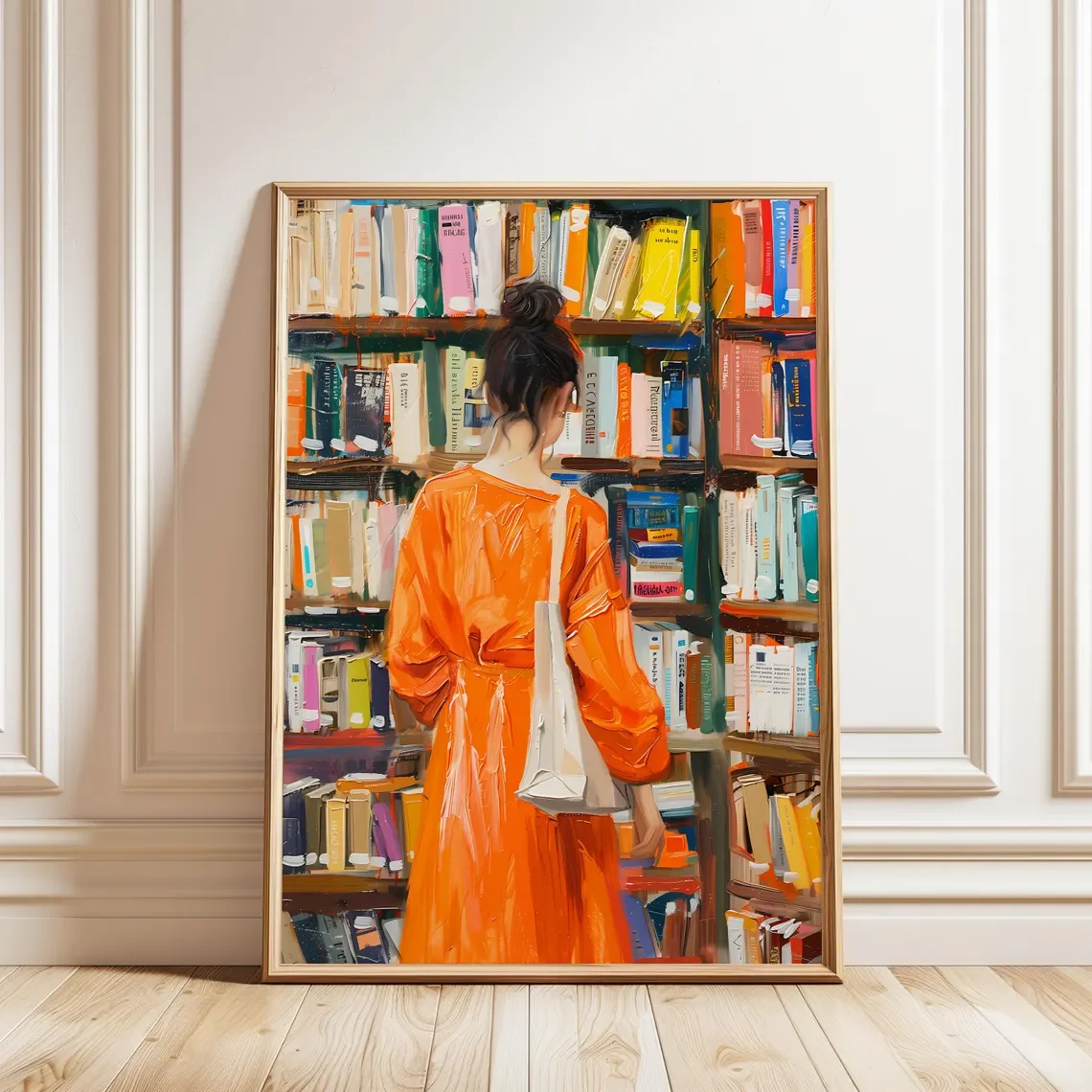 Kunstdruck „Frau im Buchladen“, Frauengemälde, Leseplakat, niedliche Wanddekoration, Bibliothekswandkunst, gerahmte Wandkunst, Acrylgemälde,