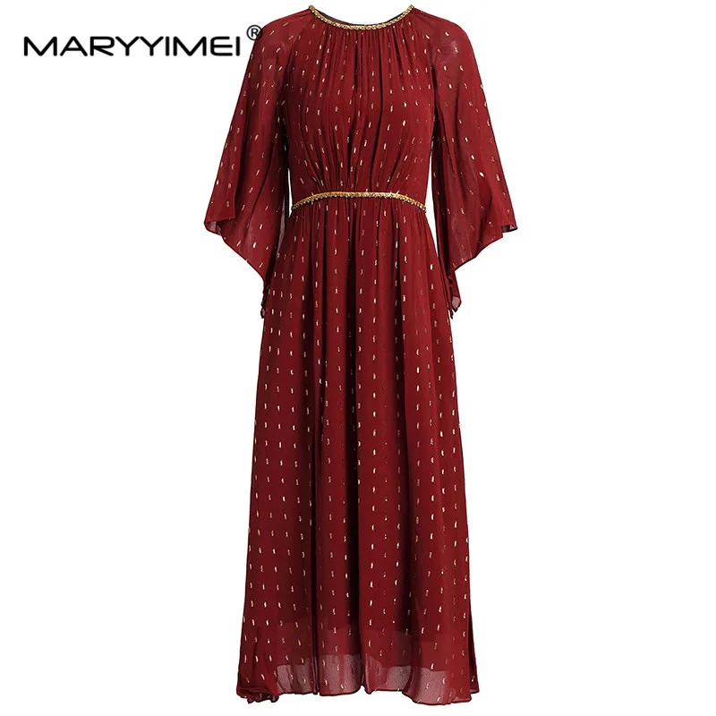 

MARYYIMEI Fashion Women's New Round Neck Nail Beads Raglan Sleeve Elegant High-Waisted Office Lady Ball Gown Mid-Length Dress