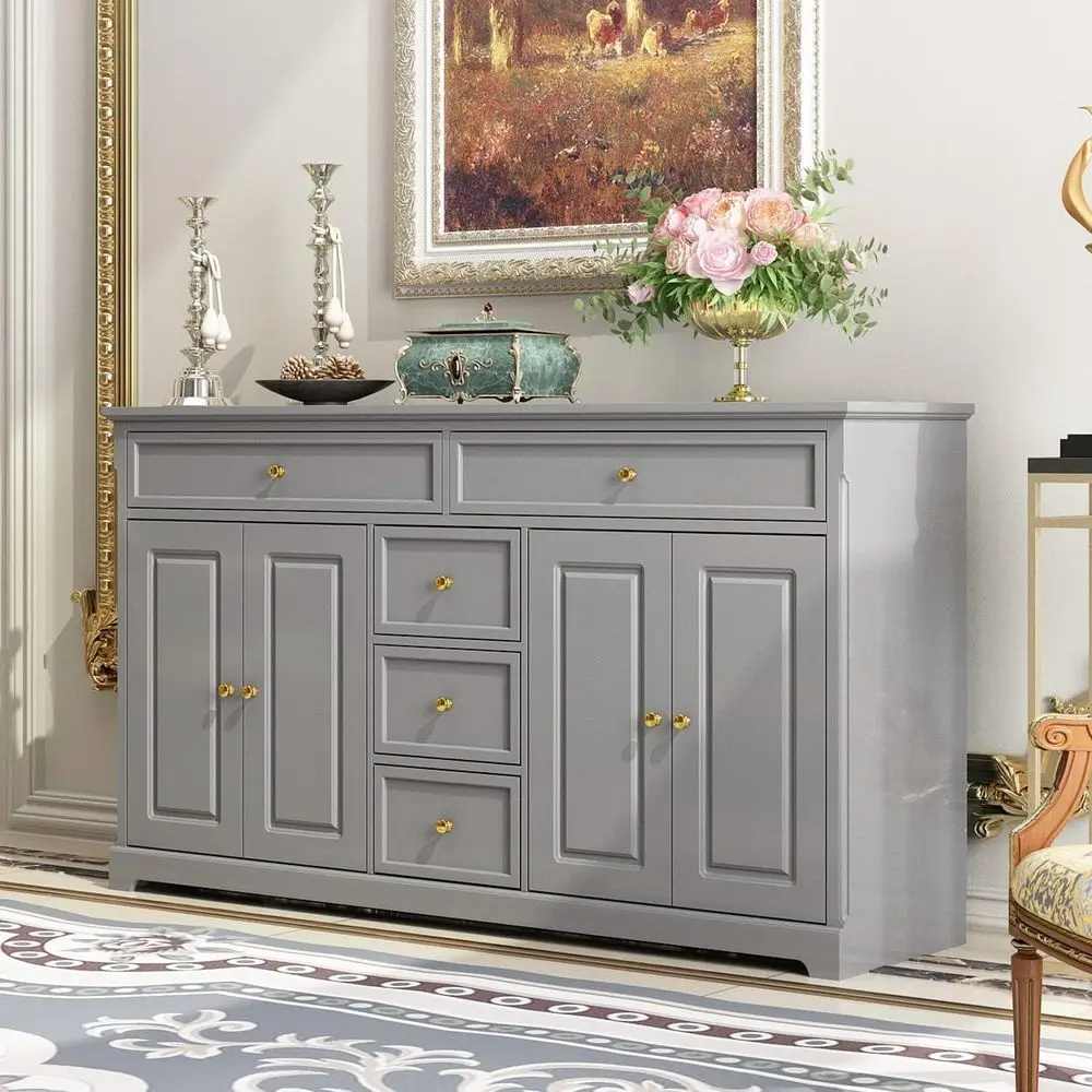 

Grey 4-Compartment Sideboard Buffet Cabinet with 5 Drawers, Suitable for Kitchen, Dining, Coffee Bar, Living Room, and Hallway S