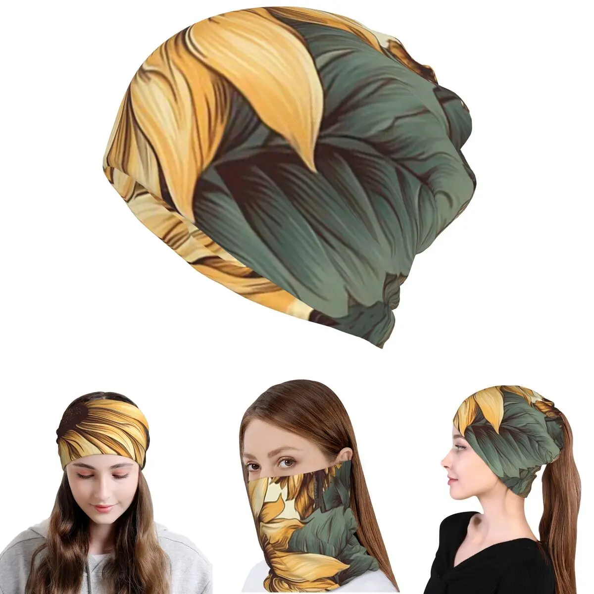 Golden Sunflower Cluster Botanical Drawing Bandana Neck Gaiter Wrap Scarf Headband Beanies Hat for Men Women Adult Windproof