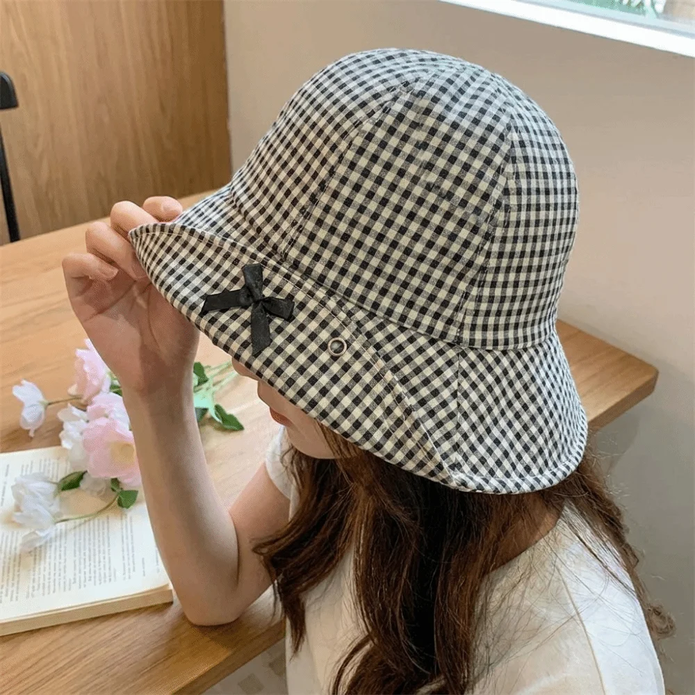 Fashion Black Bowknot Plaid Bucket Hat Casual Gingham Check Wide Brim Sun Hat Dome Basin Versatile Fisherman Hat Summer Season