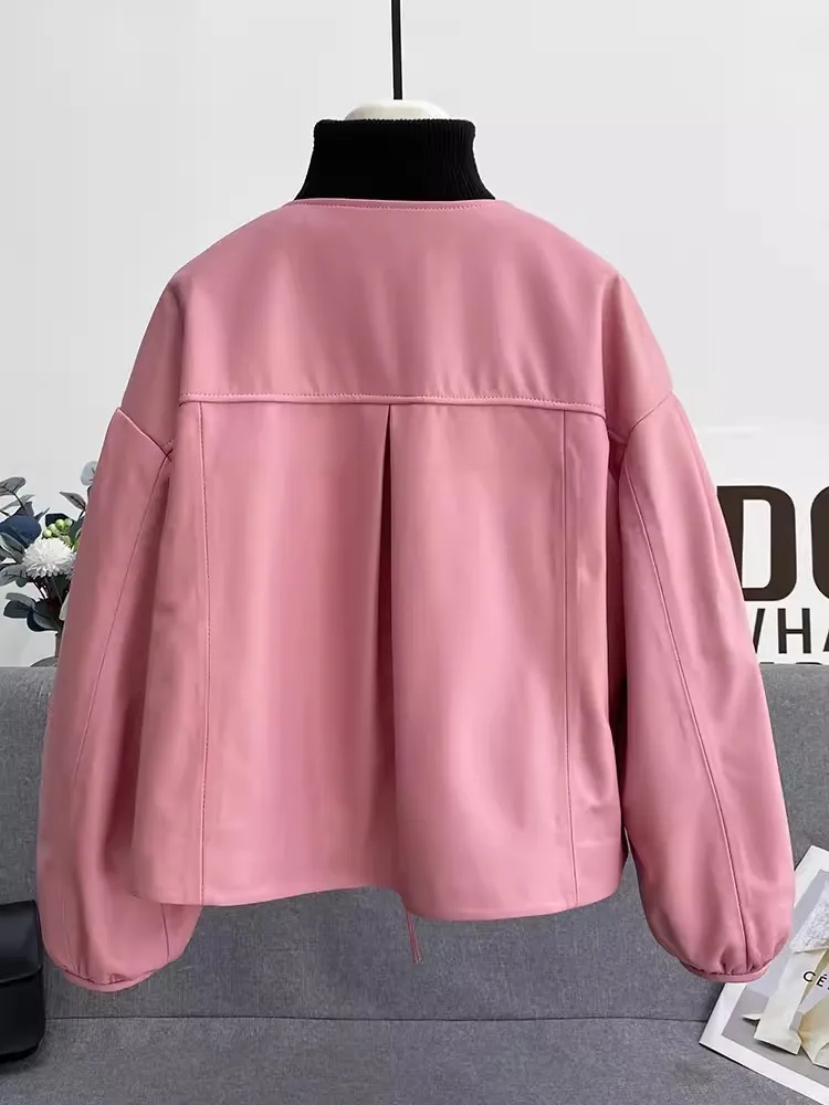 Veste en cuir véritable pour femme, manteau court en peau de mouton, bouton Tang, col en V, manches longues, décontracté, design de mode, nouveau, printemps, automne