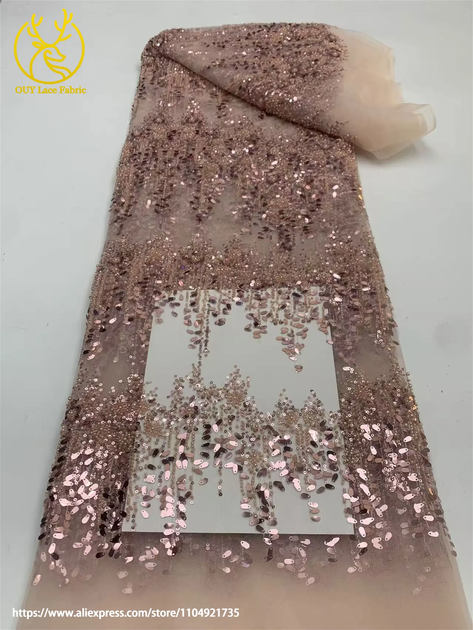 Afrikanischer Spitzenstoff 2026 Gold Pailletten Perlenstickerei Bräutigam Nigerianische Braut Hochwertiger französischer Tüllspitze Hochzeitskleidstoff – Detail 11