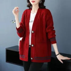 Mother Sweater V-Neck Blousers Loose Size Women's Fat MM Sweater Coat For Women's Autumn And Winter New Loose Knitting Cardigan