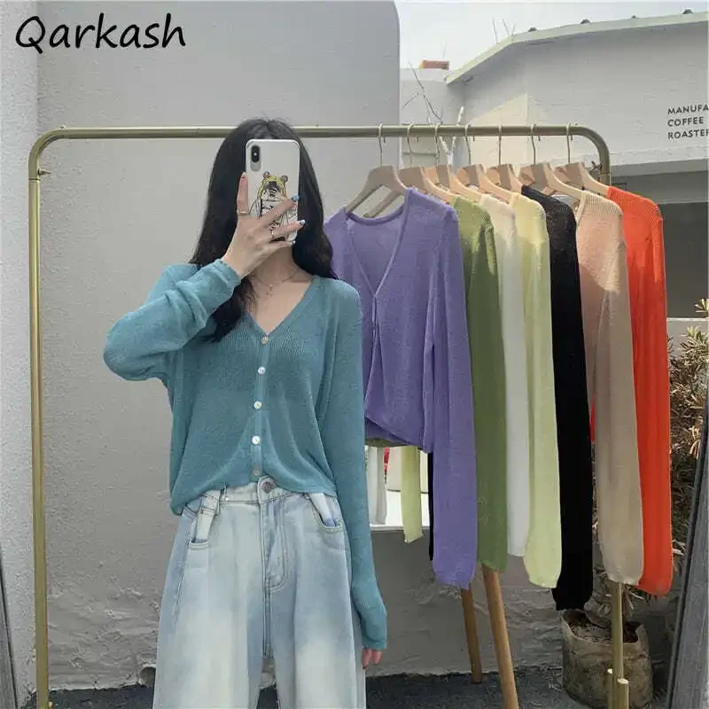 

Cardigan Women Solid V-neck Summer Thin Sun Protection Loose Soft Simple All-match Hot Sale Leisure Ulzzang Students Basic Newly
