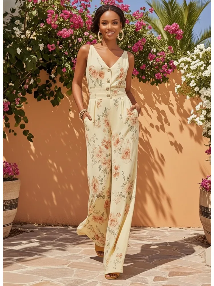 

Freeacy 2026 Spring and Summer Stylish Floral Printed Jumpsuit V-neck Sleeveless High Waist Buttoned Wide Leg Jump Suit