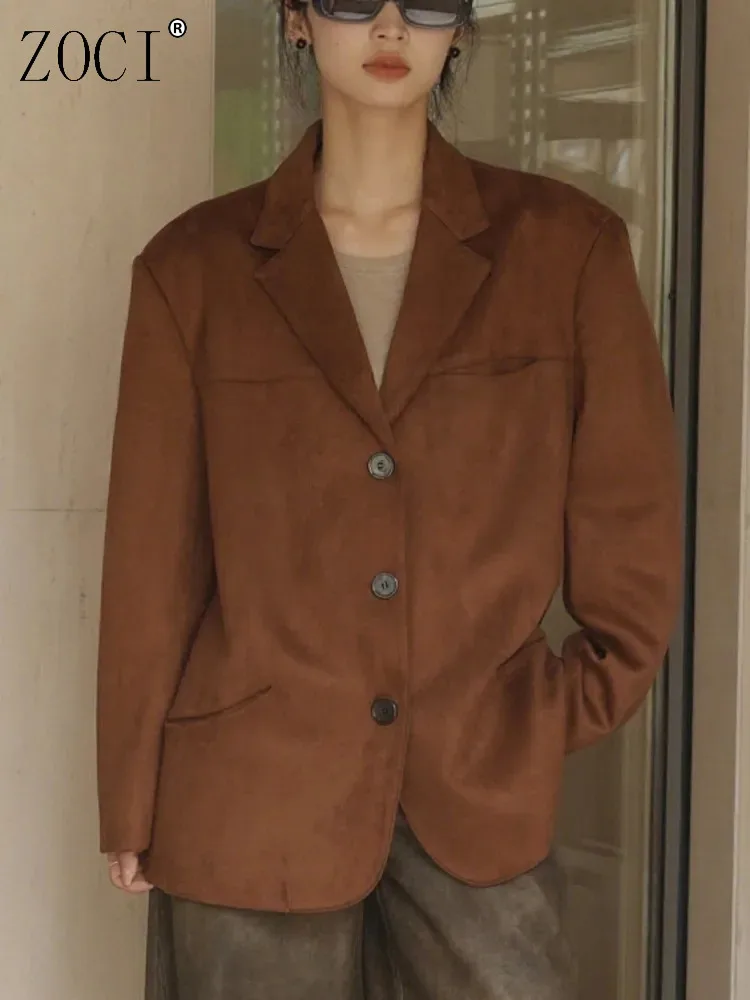 

ZOCI Women's Faux Suede Blazers Solid Color Suit Jackets Single Breasted Female Long Sleeve Notched Coats 2025 Autumn New