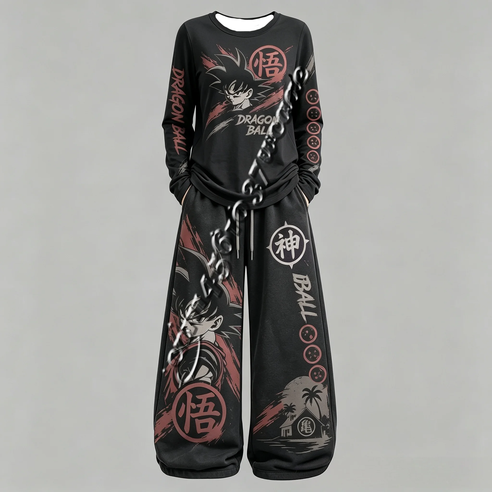 Neuer Unisex Frühling-Herbst Streetwear-Trainingsanzug mit Dragon-Ball-Anime-Print, Langarm-T-Shirt und Weitbein-Hose, Familien-Set – Detail 9