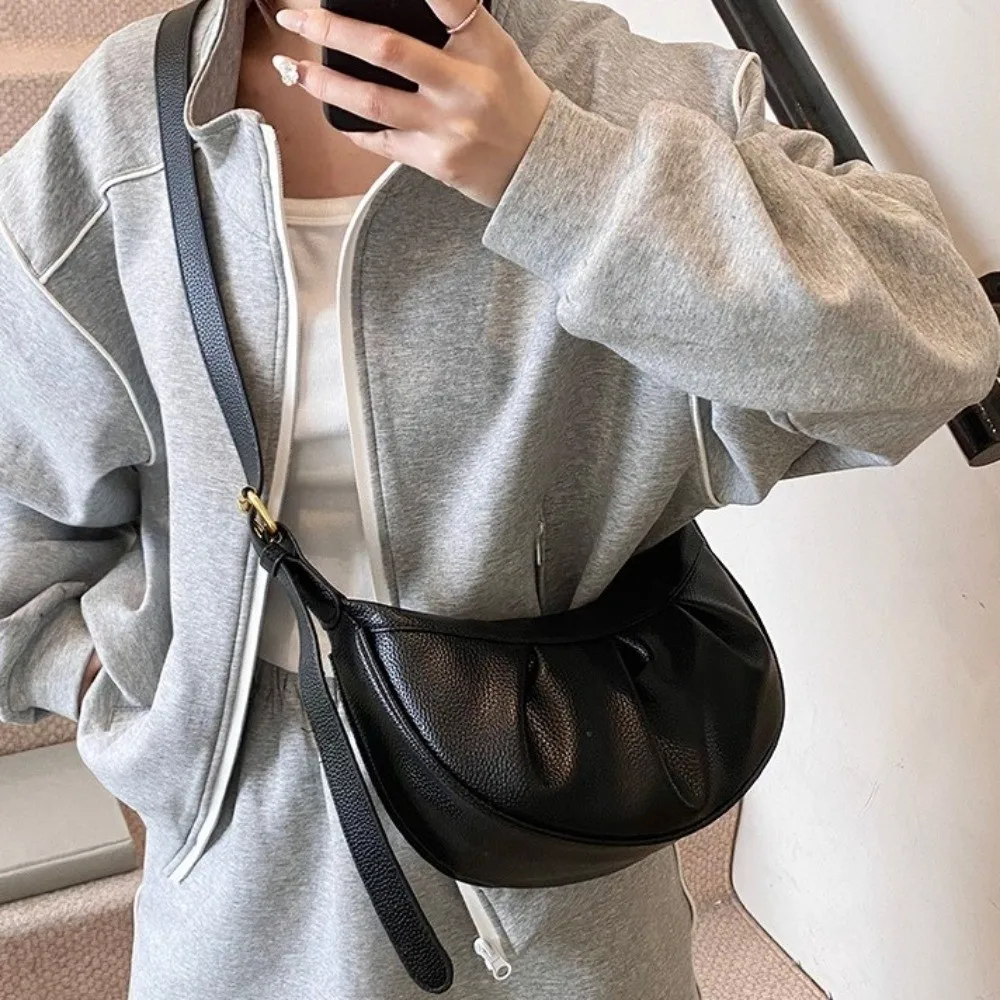 

Korean Style Pleated Crossbody Bag Soft Leather Lightweight PU Dumpling Bag Solid Color Handbag Underarm Shoulder Bag Student