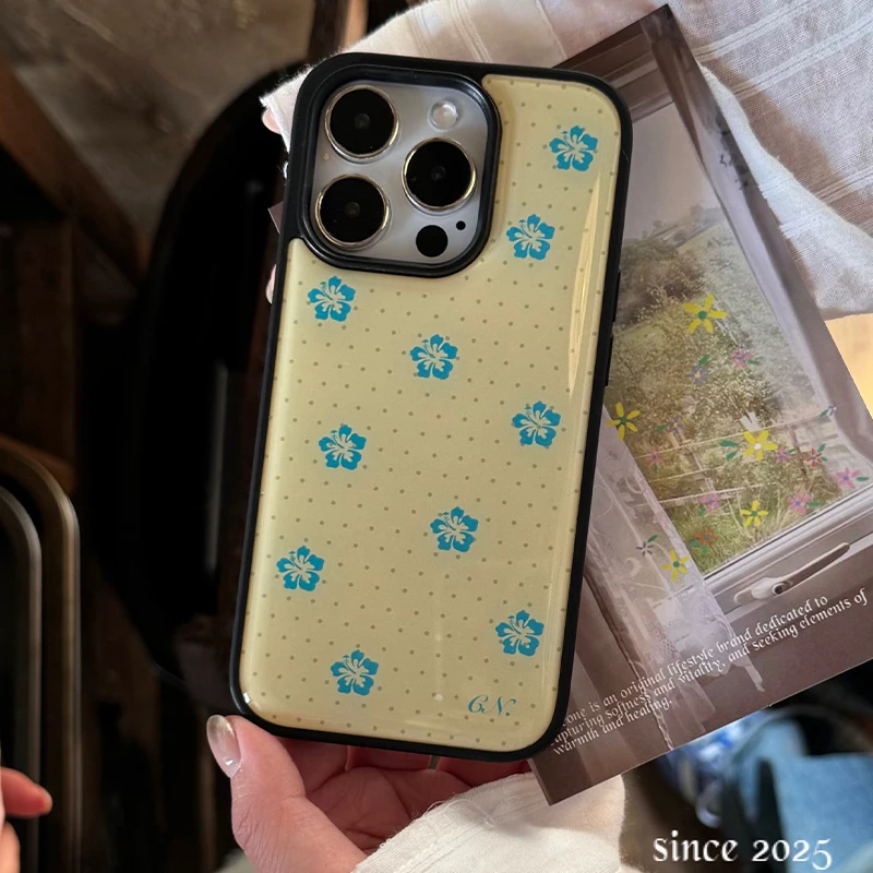 Korean Ins Blue Flowers Polka Dots Black Border Drip Glue Phone Case For Samsung S26 S25 S24 S23 Ultra Plus Edge FE Back Cover