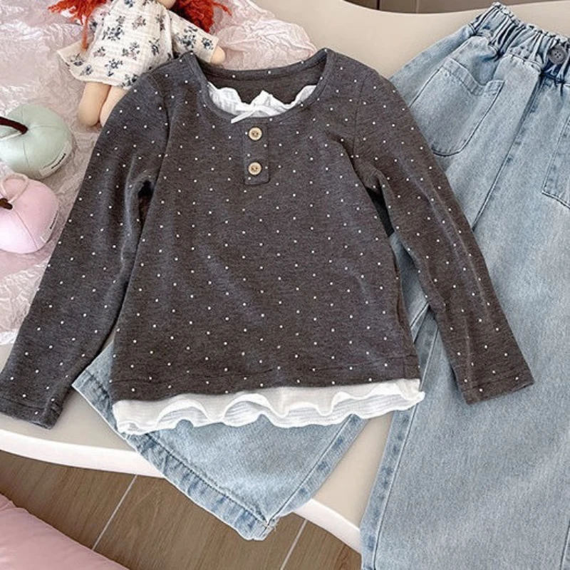 

Детские футболки с точечным принтом для девочек, Новое поступление 2023 года, детские повседневные ложные майки из двух предметов, осенне-зимние бежевые серые хлопковые топы