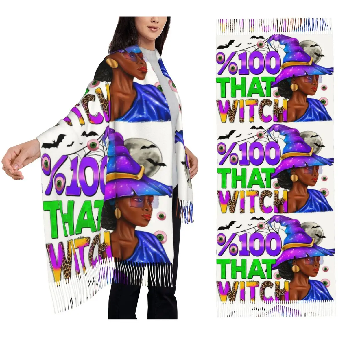 

100 That Witch Magic Cat Хэллоуин Жуткий шарф Шарфы с кисточками для женщин Мягкие теплые шали и накидки Длинная осенне-зимняя шаль