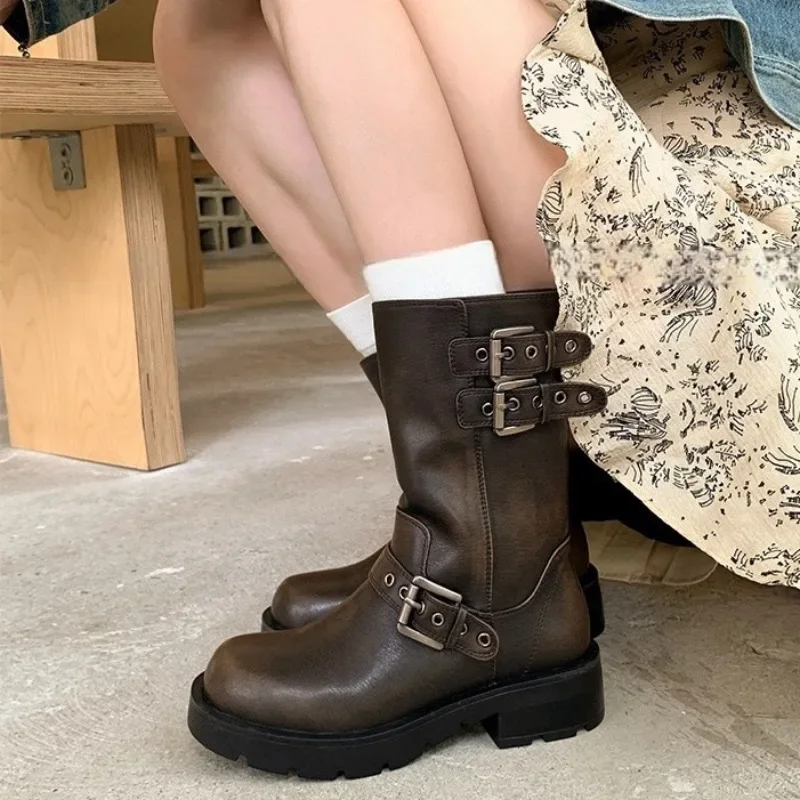 Women\'s Boots Fashion Motorcycle Riding Boot High Quality Leather Boot Retro Western Cowboy Boots for Women Platform Boots Botas