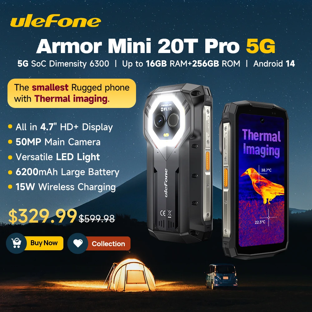 

Ulefone Armor Mini 20T Pro 4.7" Rugged Phone 5G 6200mAh 33W Charge Smartphone Android 14 16GB(8+8) 256GB LED Light